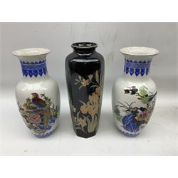Collection of Oriental and Oriental style ceramics, including a pair of vases of baluster form with bird decoration, teapot and matching cups and saucers etc