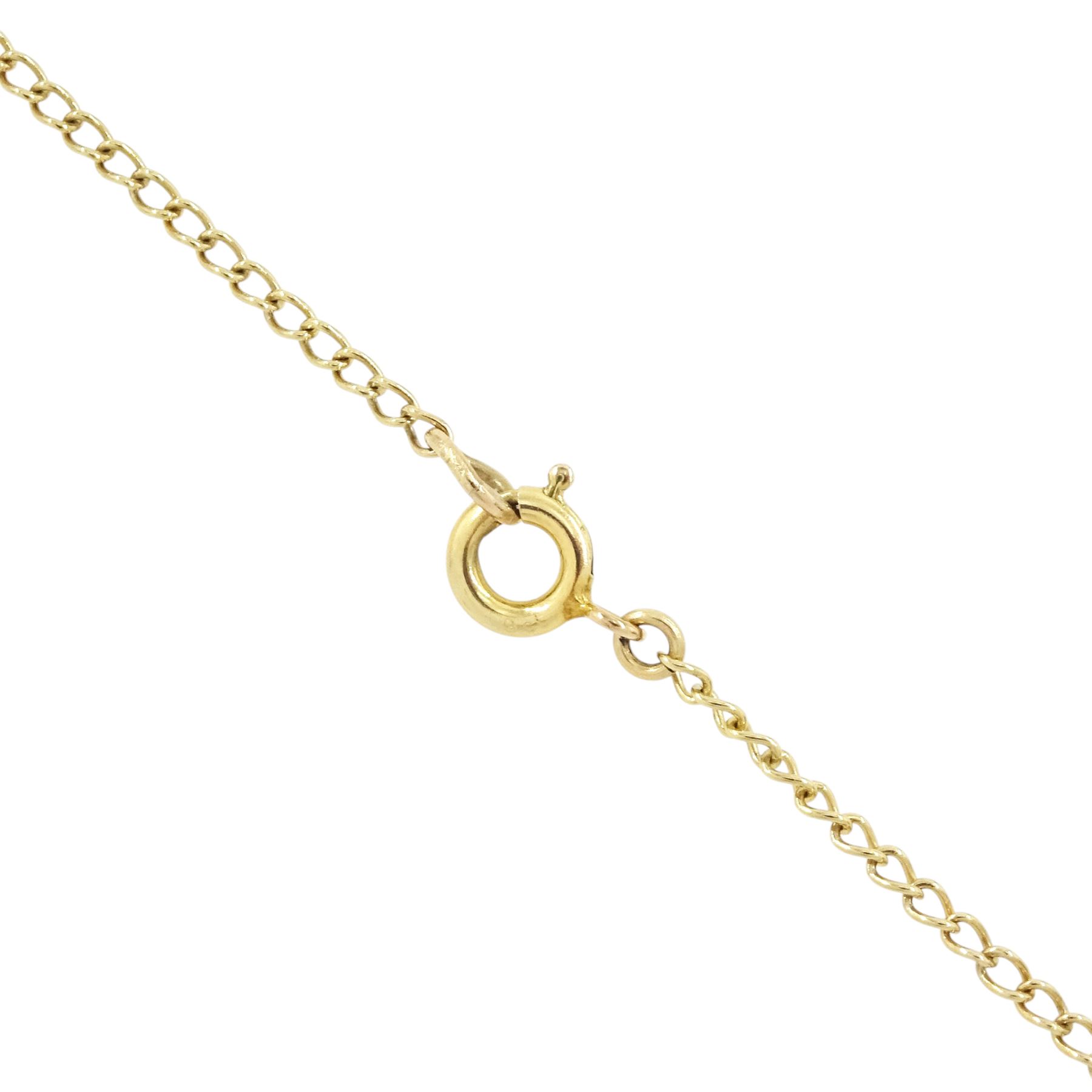 18ct gold ruby, sapphire and turquoise flower head pendant, set with single sapphire, surrounded by six alternate rubies and turquoise stones, on a 9ct gold fine curb link chain necklace, hallmarked