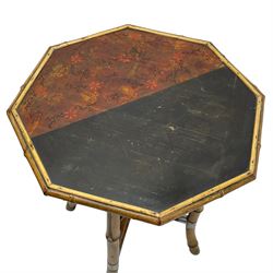 W.F. Needham - Victorian bamboo occasional table, octagonal lacquered top, the bamboo joined by metal brackets, brass cups stamped 'W.F Needham'