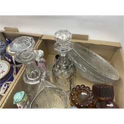 Collection of Victorian and later teapots, Oriental style English ceramics, Royal Worcester 'Friday Boy' figurine, coloured glass candle holders, two glass decanters, Victorian commemorative glass dishes, other ceramics and glassware etc, in three boxes 