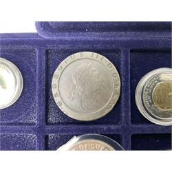 Commemorative, fantasy and other coinage, including George II 1754 farthing, George III 1773 farthing, cartwheel penny and cartwheel two pence, Queen Victoria Canada 1886 twenty five cents, various commemorative crowns etc, housed in three blue coin trays