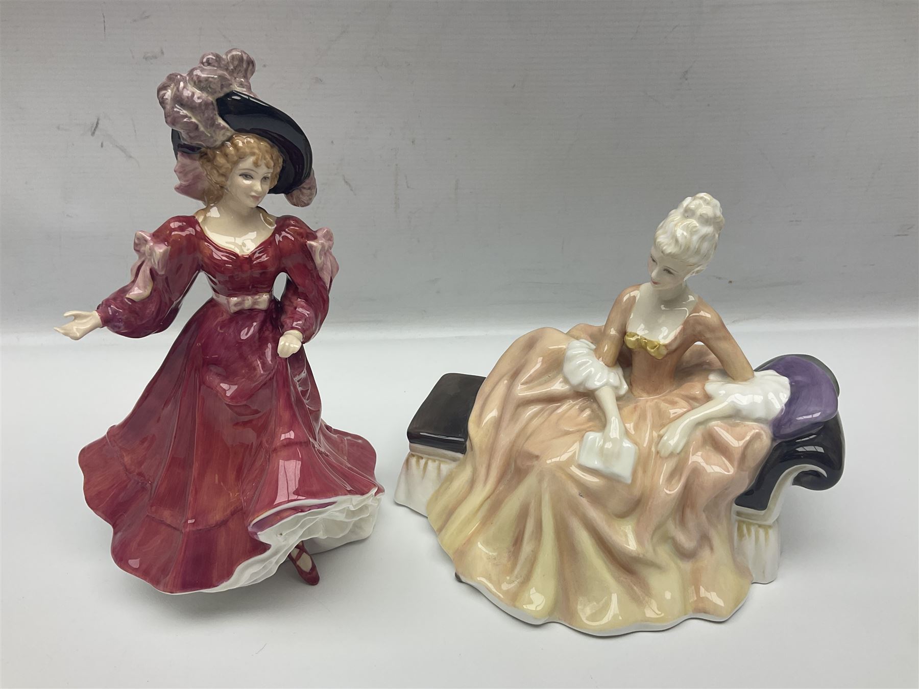 Six Royal Doulton figures, comprising Romance HN2430, Sarah HN3978, Rachel HN3976, Patricia HN3365, Elizabeth HN4426 and Reverie HN2306, all with printed mark beneath  