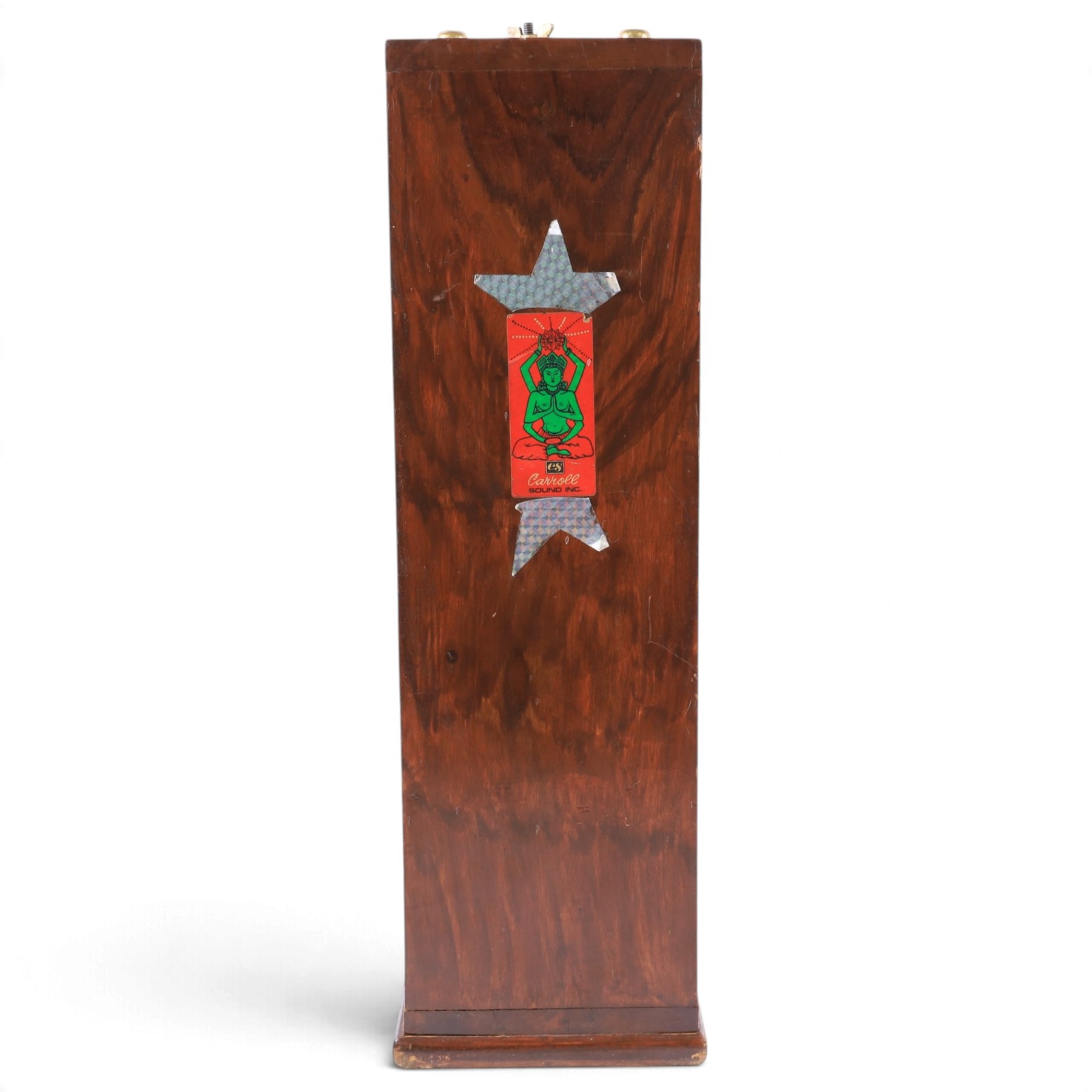 Carroll Sound Inc., New York brass bell tree, comprising twenty-seven graduating stacked bells on a wooden frame, with two beaters, in fitted travelling case, H54cm