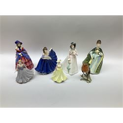 Royal doulton figures, comprising of, a victorian lady HN728, Premiere HN2343, Julia HN2706, Elaine HN4718, together with two coalport figures Kerry and beau monde Harriet and a Goebel robin