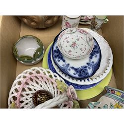 Collection of ceramics to include Bretby jardinière, Royal Worcester, Palissy, Royal Doulton Dickens Ware, Carlton ware, 19th century small dish painted with roses and foliate decoration, lustre, Poole etc in two boxes