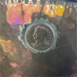 Copper pedestal punch bowl, with planished decoration with twin lion mask and ring handles and applied coins, H18cm