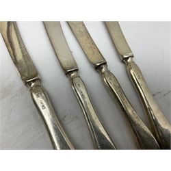 Four butter knives with hallmarked silver handles together with a Quantity of silver-plated cutlery stamped Ashberry and other stainless steel cutlery