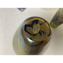 Late 20th century art glass, to include a Robert Held vase, of baluster form with iridescent swirl design, two frosted glass vases with peacock feather design on green and white ground, frosted glass tulip shaped bowl with smoke design and a Rogaska Crystal cobra candlestick, tallest vase 27cm