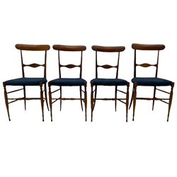 Campanino Chiavari by Fratelli Levaggi - circa. 1950s set eight walnut dining chairs, seats upholstered in blue fabric, 