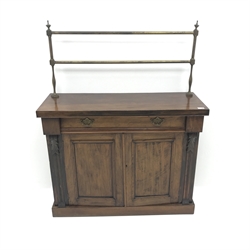  Victorian rosewood chiffonier, raised brass rail, single drawer above two cupboards, W104cm, H136cm, D38cm  