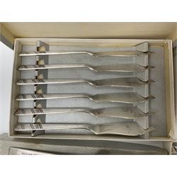 Viners Ltd silver plate Silver Rose pattern cutlery service for six place settings, to include butter knives, table knives and forks, soup spoons, dessert forks and spoons, tea knives, forks and spoons, two serving spoons and a seven piece fruit set, some boxed, missing table spoons