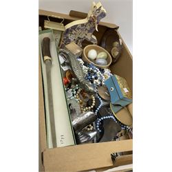 Assorted collectables, to include carriage clock, Ronson cigarette lighter, small quantity of costume jewellery, hardstone eggs, silver plated sucrier modelled as a scuttle, etc., in one box 
