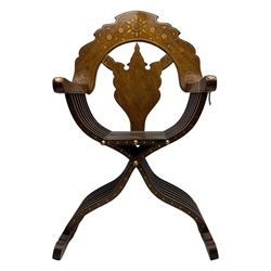 Late 20th century brass inlaid hardwood throne chair, curved X-frame form, raised shaped back inlaid with trailing leafy branches and flower heads, on sledge feet 