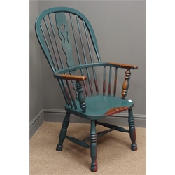  19th century rustic green painted elm and ash Windsor armchair, double stick and splat back  