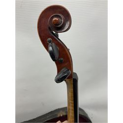German trade violin 1950s with 36cm two-piece maple back and ribs and spruce top, bears label 'Johann Stainer in Absam prope Oenipontum 1650' L59cm; in carrying case with bow impressed Tourte