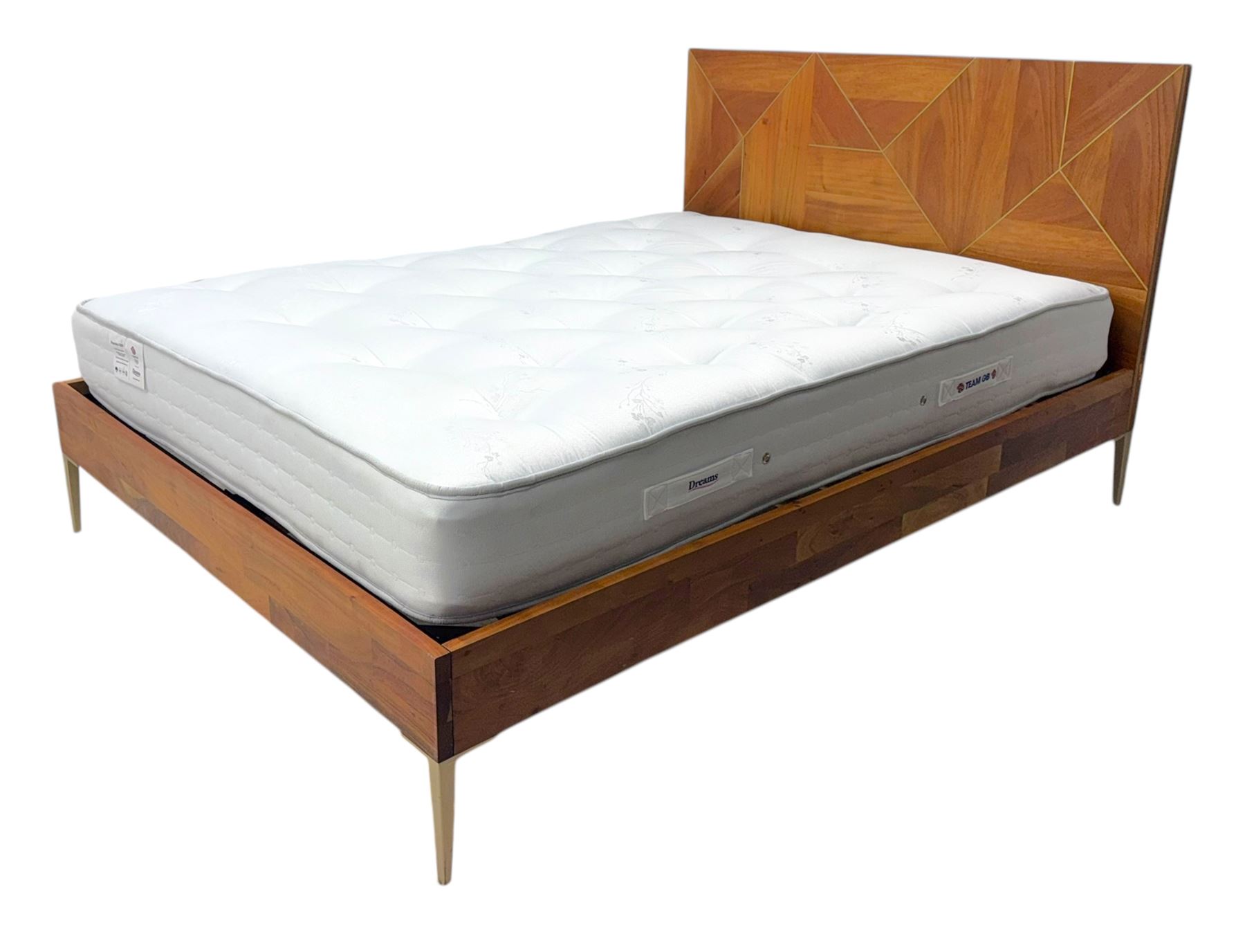 Barker & Stonehouse - contemporary chestnut king size bed frame, with geometric inlaid headboard and brass detailing, slatted base and tapered brass effect legs, together with Dreams ‘Reynolds 1000’ pocket sprung mattress