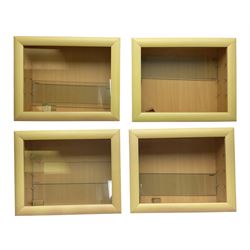 Set of four Livarno wall mounting model display cabinets, each with simulated beech finish and side hinged glazed door enclosing adjustable plate glass shelves W62.5cm H50cm D17cm (4)