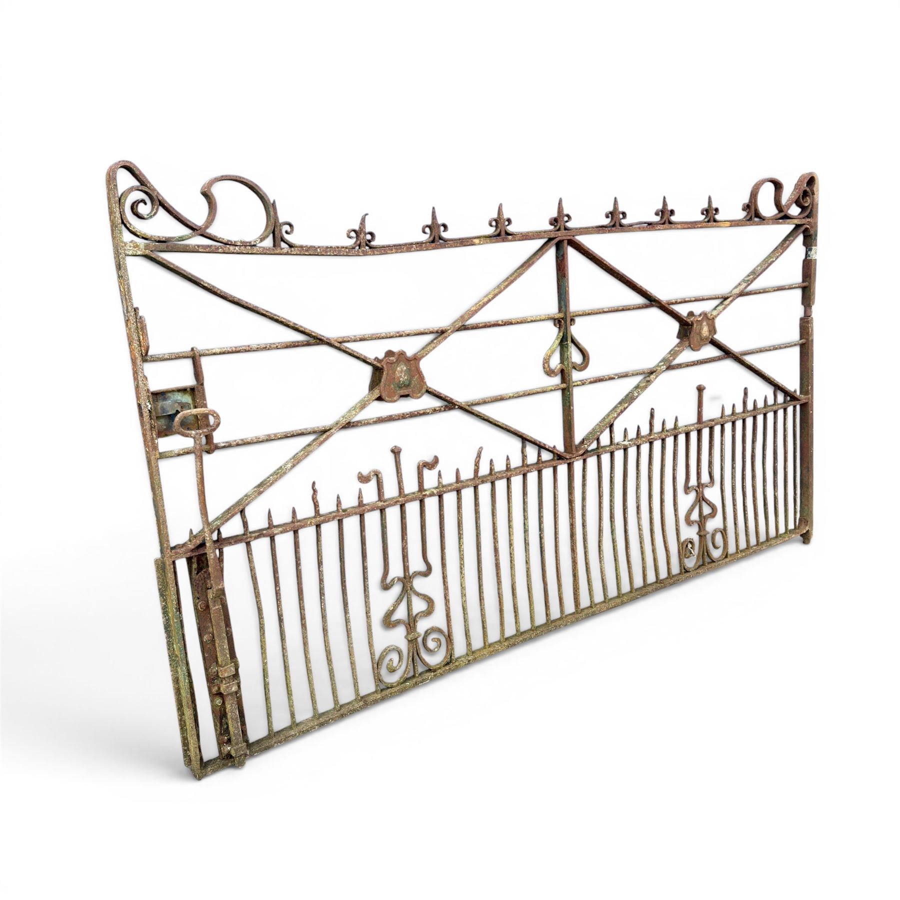 Impressive 19th century 9' wrought iron Country House gate, bar form with close rail base, X framed with central crests, scroll and spike top