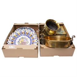 Brass two handled pan, various Portuguese decorative plates, brass jardiniere etc