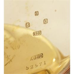 Early 20th century 9ct gold open face, keyless lever presentation pocket watch by American Watch Company, Waltham, No. 17507298, white enamel dial with Arabic hour markers and subsidiary seconds dial, case by Dennison, Birmingham