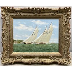 Richard M Firth (British 1971-): 'Westwood and Britannia Racing off the Royal Yacht Squadron - Cowes', oil on canvas laid on to board signed, titled on gallery label verso 29cm x 39cm 
Provenance: with James Starkey, Beverley, label verso