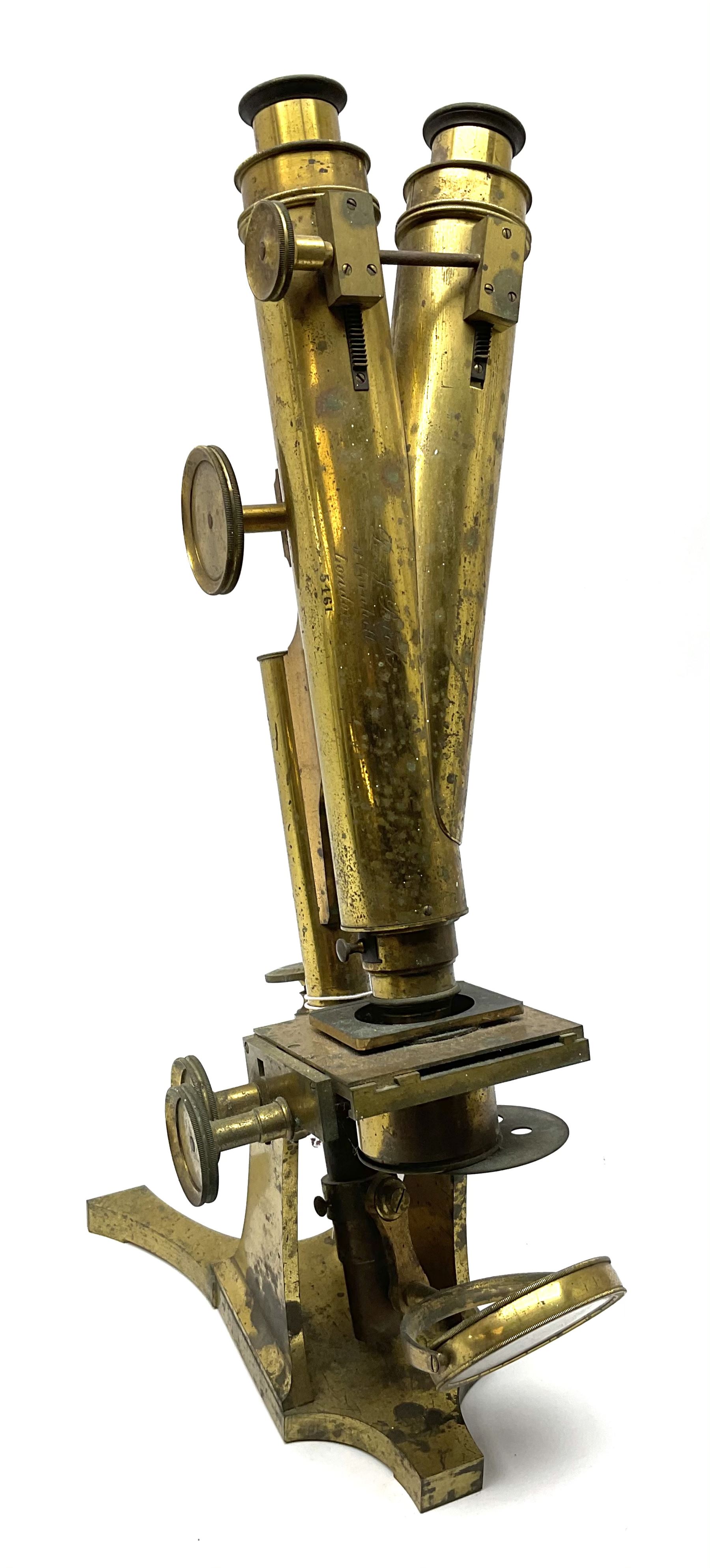Victorian lacquered brass binocular microscope by R. & J. Beck with rack and pinion and fine focusing, stage fitted with direction adjusters above a plano/concave mirror, the main tube stamped 'R. & J. Beck 31 Cornhill London 5461' H39cm