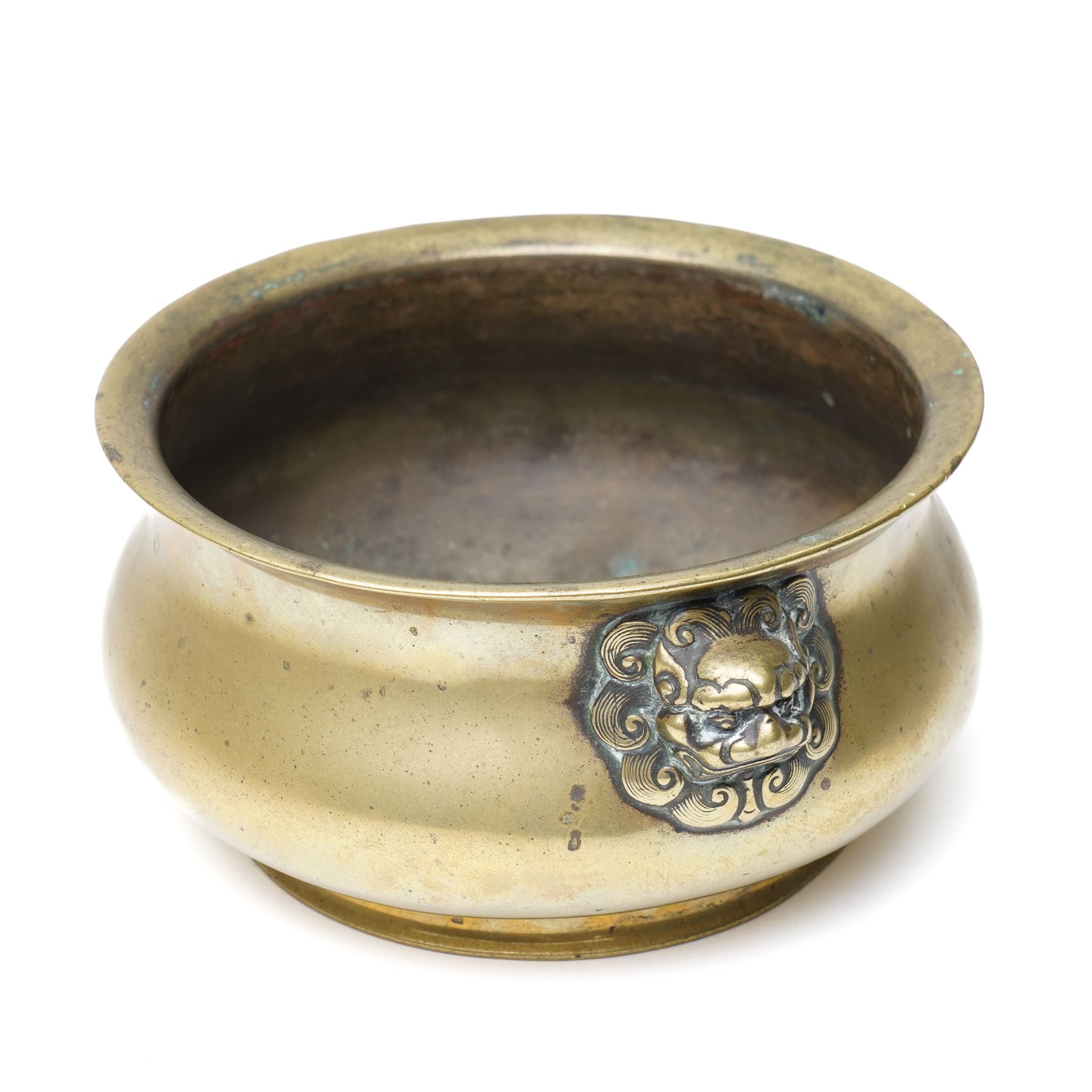 Chinese Ming dynasty gilt bronze censer, of circular bellied form with temple lion mask handles, upon a circular foot, six character Xuande mark to base, D15.5cm