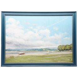 Sid Tasker (British 20th century): 'The Viaduct from New Barnes Bay', oil on board signed with initials, titled and dated 1997 on label verso 71cm x 101cm 
