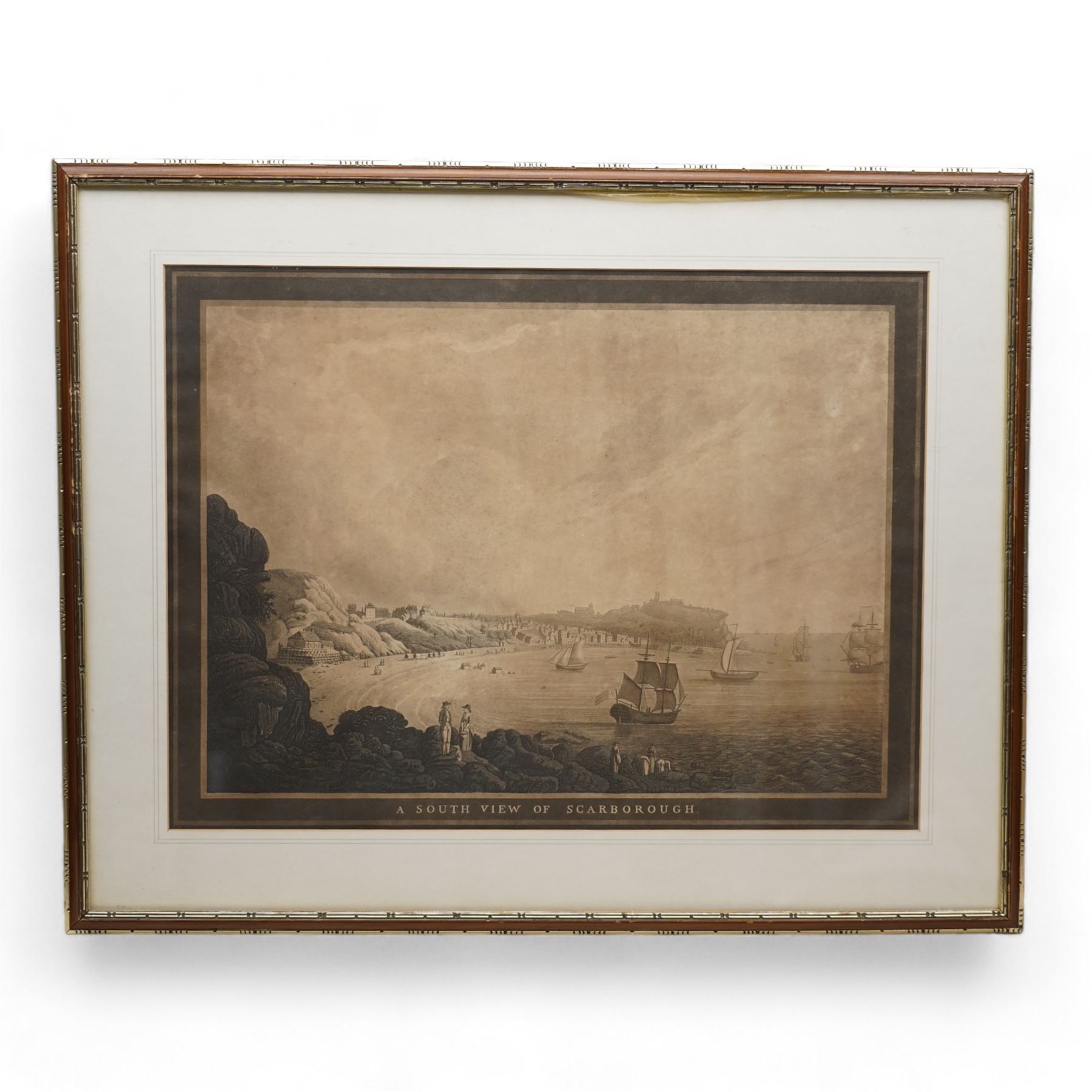 After John Hornsey (British 18th/19th century): 'A South View of Scarborough', sepia  aquatint engraving by W Green pub. c.1795, 52cm x 57cm; Frederick C Lewis (British 1779-1856) after John C Buckler (British 1770-1851): 'North-West View of Beverley Minster - Yorkshire', aquatint engraving pub. c.1816, 46cm x 61cm (2)