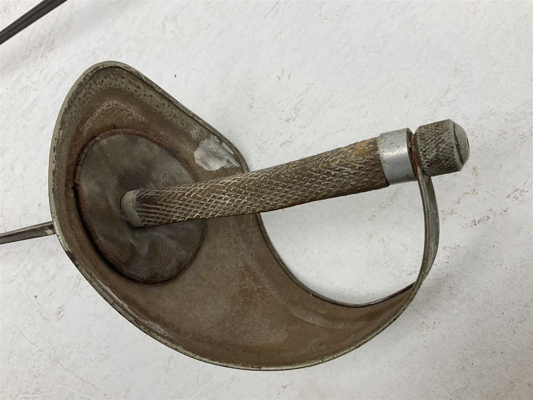 Reproduction Japanese katana with 63cm slightly curving fullered steel blade, ornate tsuba, cord bound grip and gilt transferred black saya L92cm; and two fencing foils, one marked Leon Paul (3)