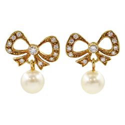 Pair of 18ct gold pearl and diamond bow pendant stud earrings, hallmarked