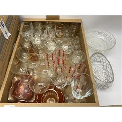Collection of glassware, including set of three pieces of carnival glass, jug, bowl and twin handled bowl, glass decanter, a large collection of sets of glasses in various forms etc, along with a collection of metal ware, two boxes.  