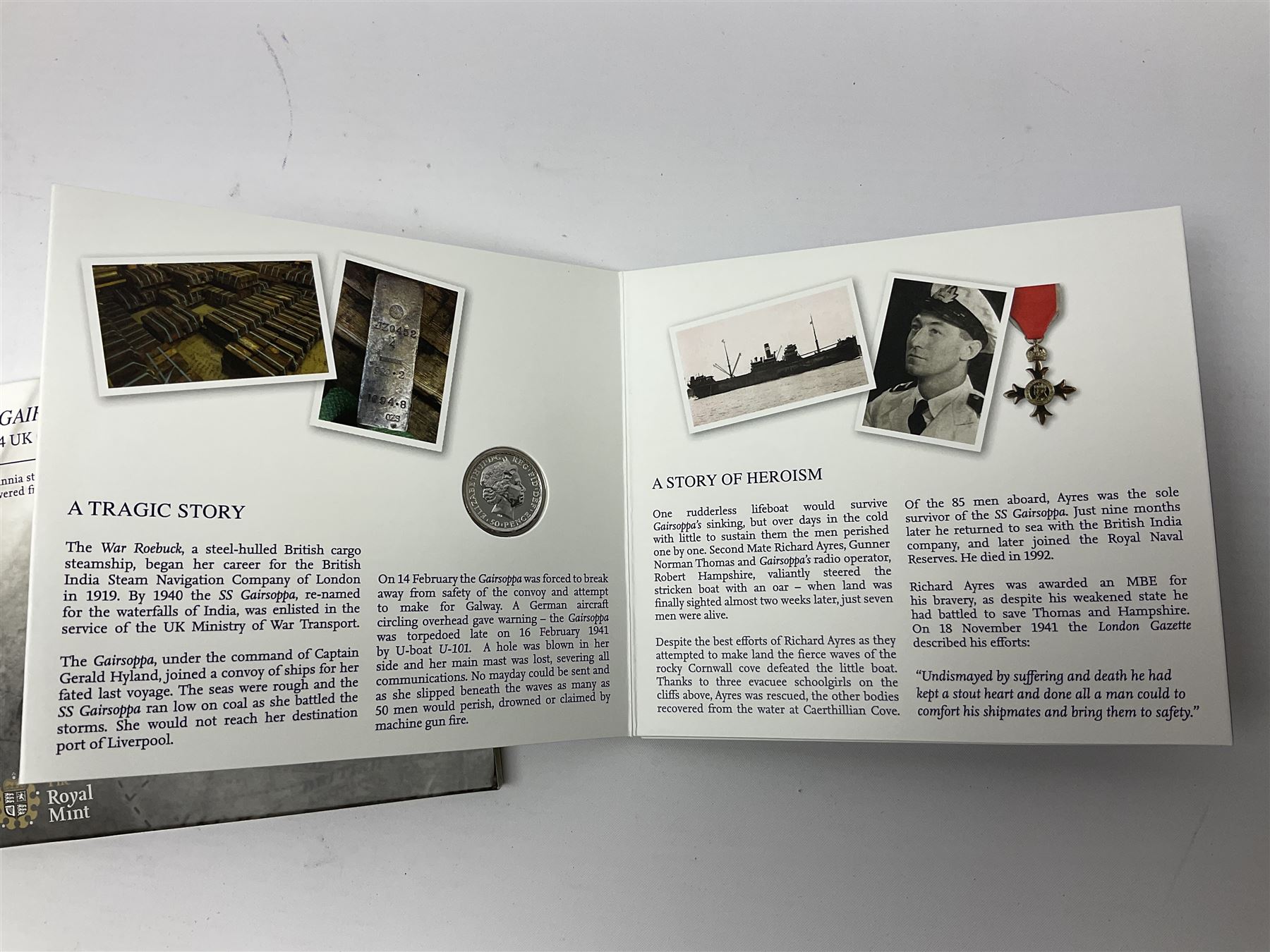 The Royal Mint United Kingdom 2014 'SS Gairsoppa Britannia' fine silver quarter ounce coin in card folder and 2015 'Britannia' fine silver fifty pound coin on card