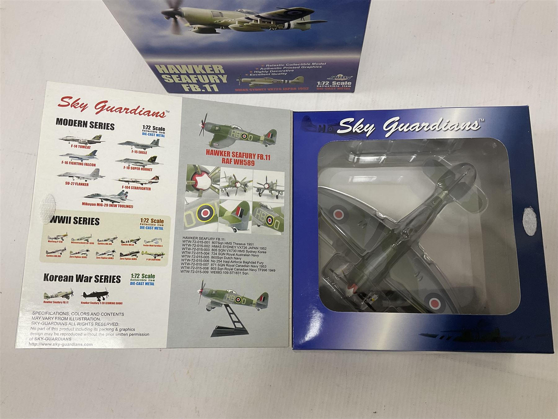 Four 1:72 scale model airplanes comprising Skyguardians ‘Hawker Seafury’ models RAF WH589, two 805 Sqn VX730 HMS Sydney Korea and HMAS Sydney VX726 Japan 1952; all in original boxes (4)