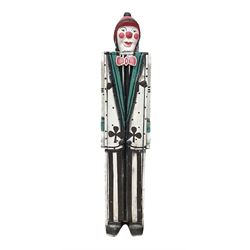 Folk art circus clown cabinet, the the two hinged doors with bow tie decoration opening to reveal fitted shelved interior, the body painted with polka dots and spades, H121cm