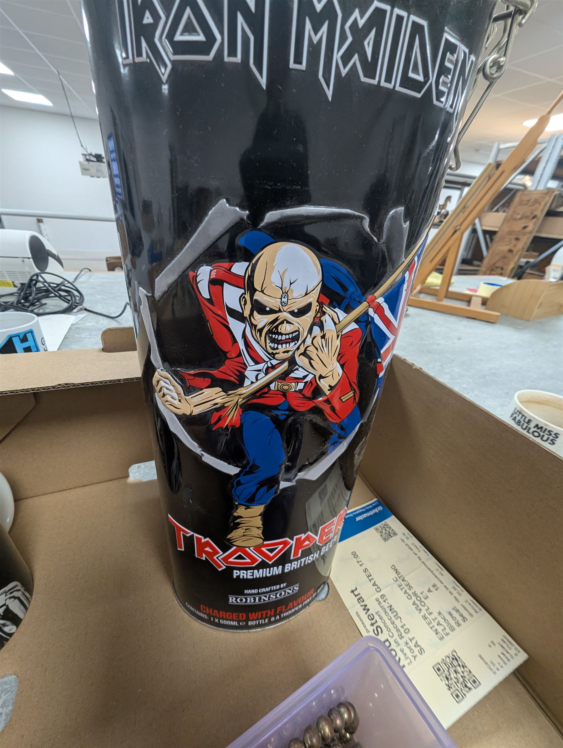 Pair of men's Adidas Samba trainers, Iron Maiden Trooper Beer, three DeAgostini Jaguar E Type magazines and a collection of costume jewellery