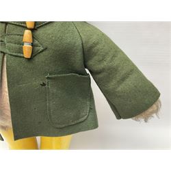 Vintage Paddington Bear teddy with yellow felt hat, green coat and yellow Dunlop boots, H48cm