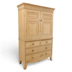 Georgian design waxed pine linen press, dentil moulded cornice above a pair of panelled cu...