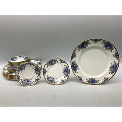 Royal Albert Moonlight Rose pattern tea and dinner service for six place settings, comprising dinner plates, side plates, bowls, salt and pepper, cake plate, three tier cake stand, teapot, teacups and saucers, open sucrier, and milk jug