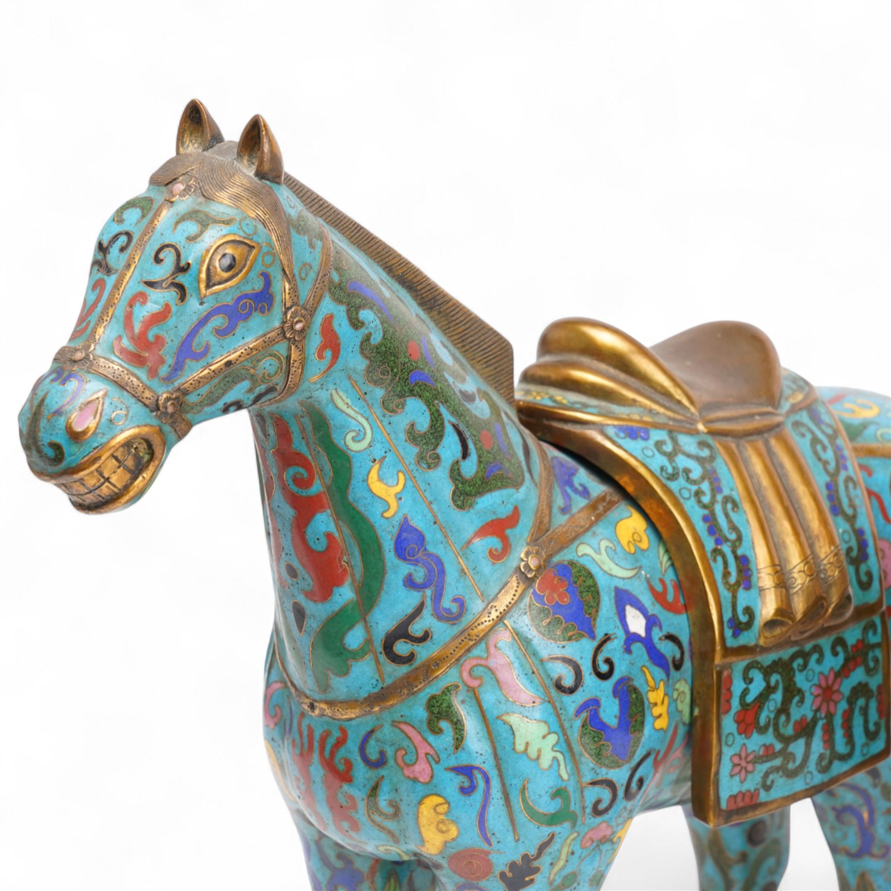 Pair of Chinese 20th century cloisonne Tang style horses with removeable saddles H35cm and a cloisonne and gilt metal koro