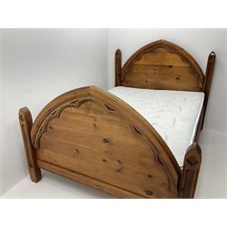 Gothic pine 4ft6 double bedstead, carved detail, square tapered supports, along with dream vendor mattress 