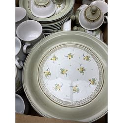 Quantity of Denby Verona pattern tea and dinner wares, decorated with floral sprays and within green borders, to include lidded twin handled bowls, teacups and saucers, dinner plates etc in two boxes