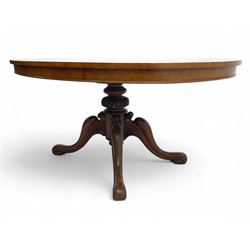 Victorian mahogany breakfast loo table, oval tilt-top on turned pedestal, quatrefoil out-splayed carved supports, scroll carved terminals with brass castors