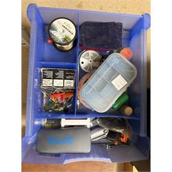 Fishing equipment, including two Fladen Vantage reels, split cane rod, hooks, line, lures etc, in Leeda plastic box and table top plastic drawers