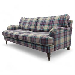 John Lewis - contemporary two seat sofa, upholstered in multicoloured check pattern fabric with removable seat and back cushions, gently scrolled arms and low square feet