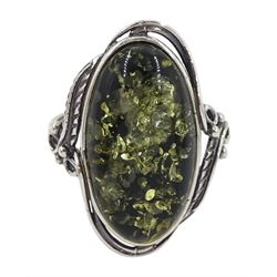 Silver single stone green amber ring, stamped 925