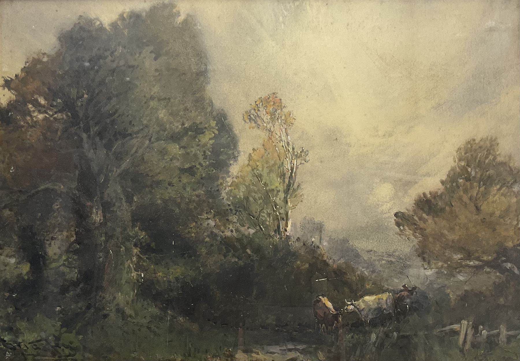 Stephen Frank Wasley (British 1848-1934): Herding Cattle, watercolour heightened in white signed 74cm x 52cm