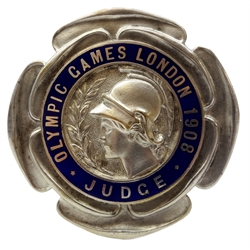  Olympic Games London 1908 judge's badge, silver-plated bronze & enamel by Vaughton of Birmingham, impressed verso D5.7cm   