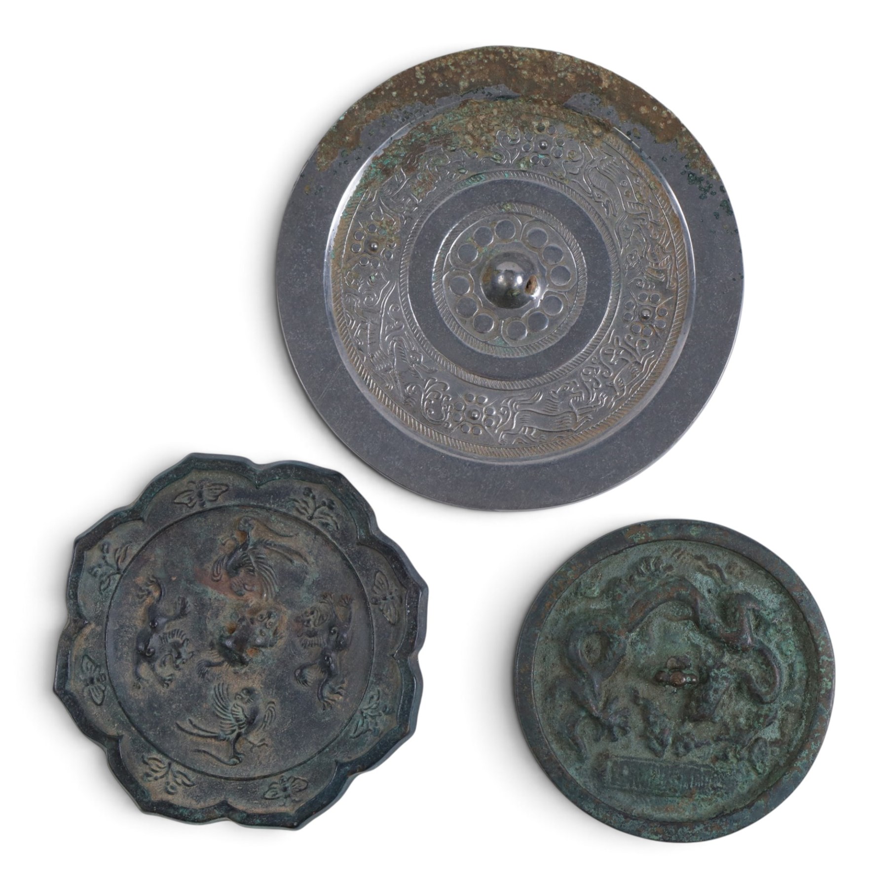 Chinese lobed bronze mirror, decorated with birds and mythical animals, together with two other mirrors and bronze vase, vase H37cm