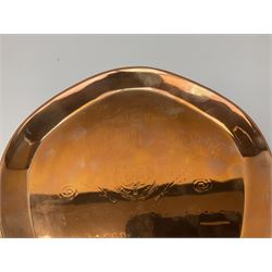 Two early 20th century copper bar trays advertising Teacher's Highland Cream whisky, the smaller of pentagonal form and the larger of circular form, both stamped Solid Copper, S.Groves & Co Ltd Sirius Regd Birmingham to reverse, largest D31cm